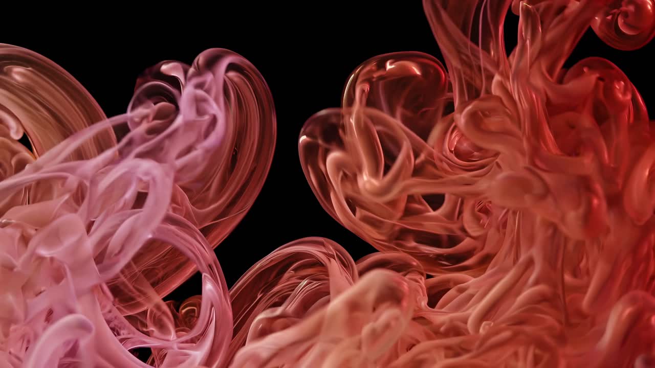 Video astratto di fumo blu e viola vorticoso su sfondo nero, ripreso di lato.