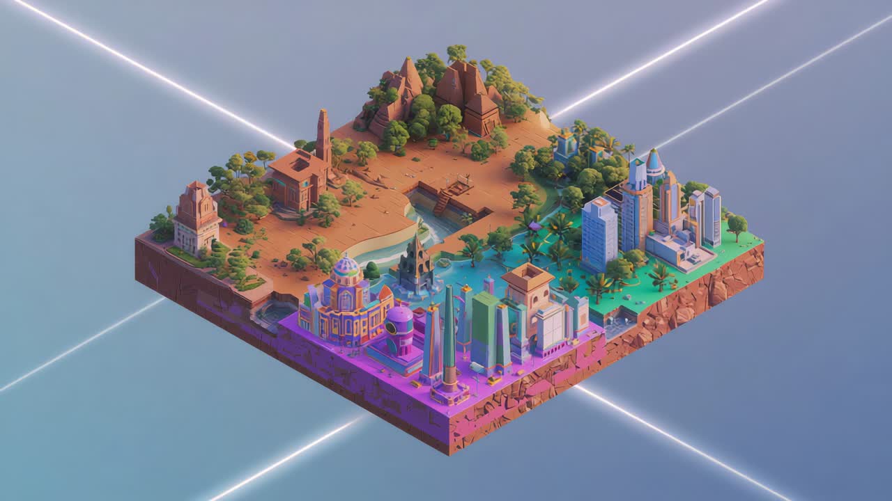 Rayos brillantes que convergen e iluminan un diorama sobre agua y ruinas en un vacío pastel, brillo cambiante