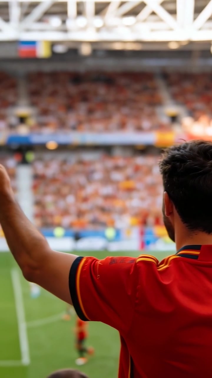 Video verticale: Un tifoso che sventola con una maglia rossa, tenendo una bandiera rosso-gialla mentre la partita raggiunge il culmine nello stadio