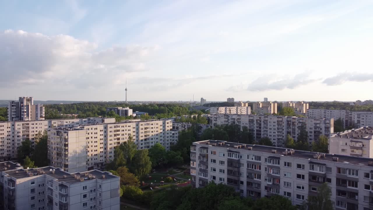 AERIAL Panning and Ascending to the side shot of a Soviet Planned Residential District Seskine in Vilnius, Lithuania