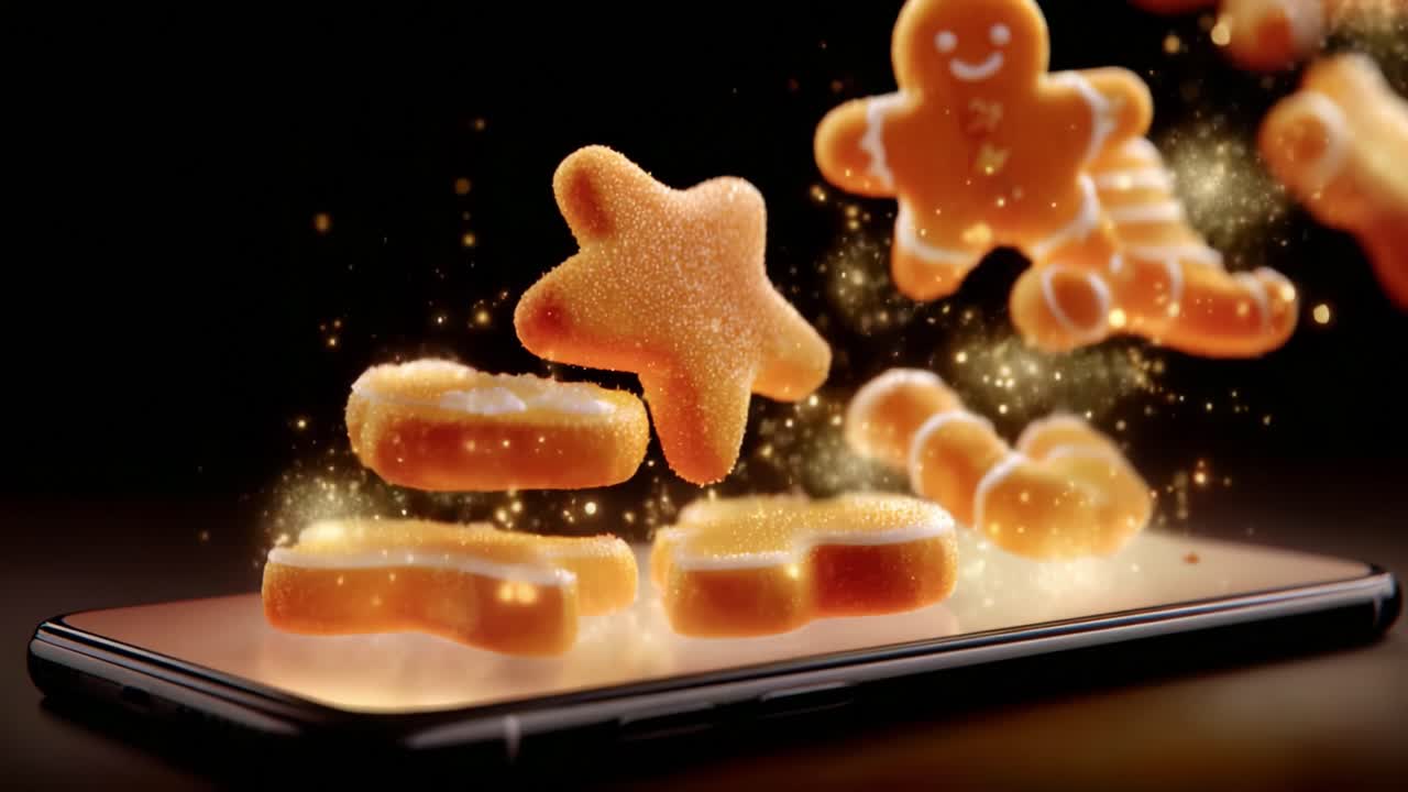 Magically Appearing Treats: Enchanting Gingerbread Cookies and Sweet Confections Floating Above a Smartphone Screen, Glimmering with Sparkling Sugar Dust in a Dark Atmosphere