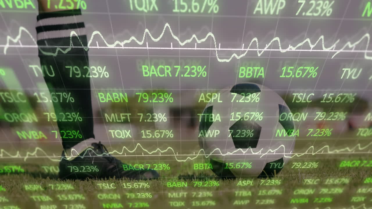 Stock market data animation overlaying soccer players practicing on field