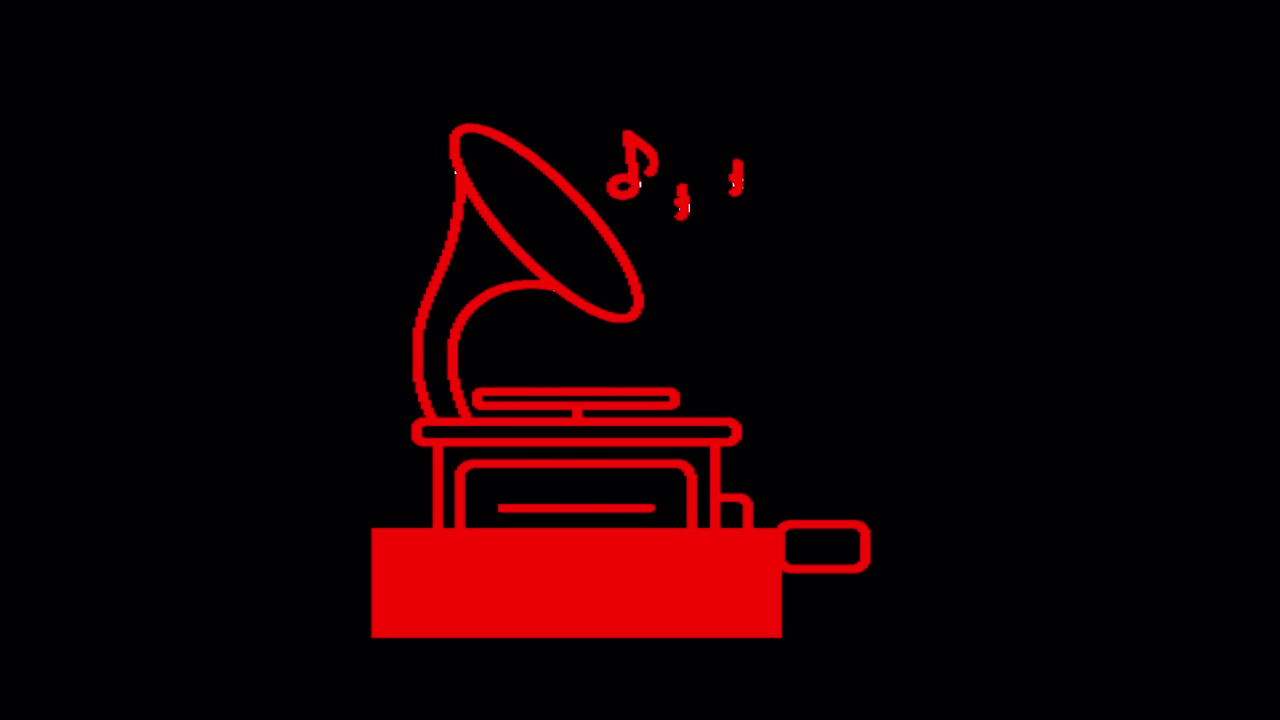 Icona animata di un grammofono rosso che riproduce musica con note musicali