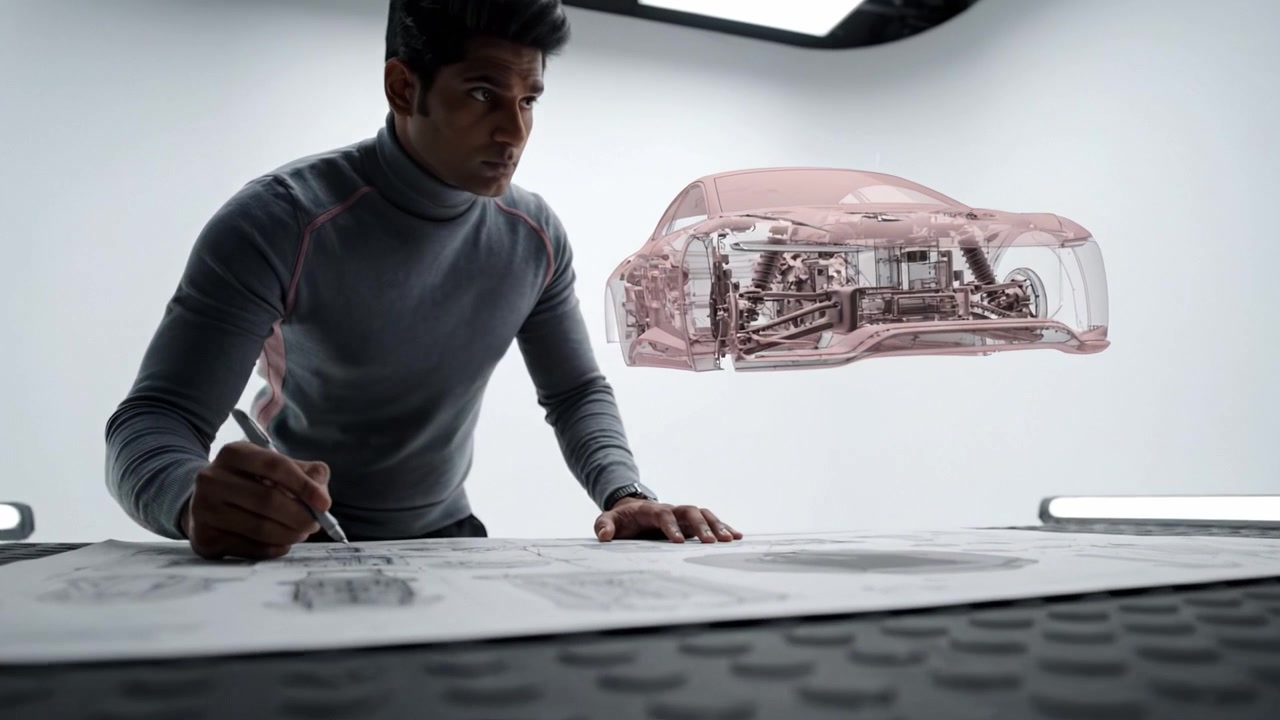 A focused individual sketches detailed car designs while utilizing advanced technology to visualize a holographic automotive concept in a modern studio environment.