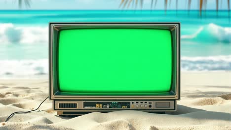 Vintage television set placed on sandy beach, featuring a bright green screen, surrounded by gentle ocean waves and palm trees, creating a unique contrast between technology and nature