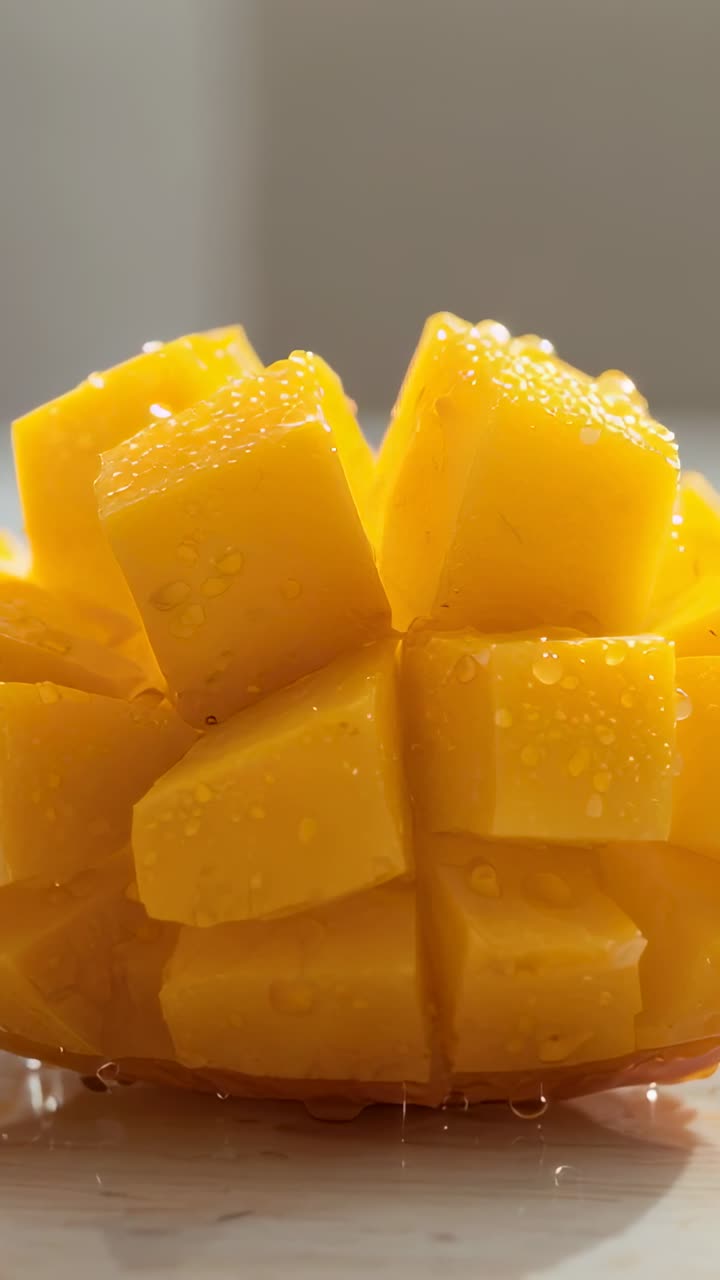 Pionowy film: kamera przybliża pokrojone mango, z którego kapie sok na blat