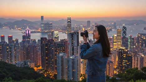 capturing the essence of a vibrant cityscape at dusk: a photographer immersed in urban beauty surrounded by stunning skyscrapers and a glorious sunset