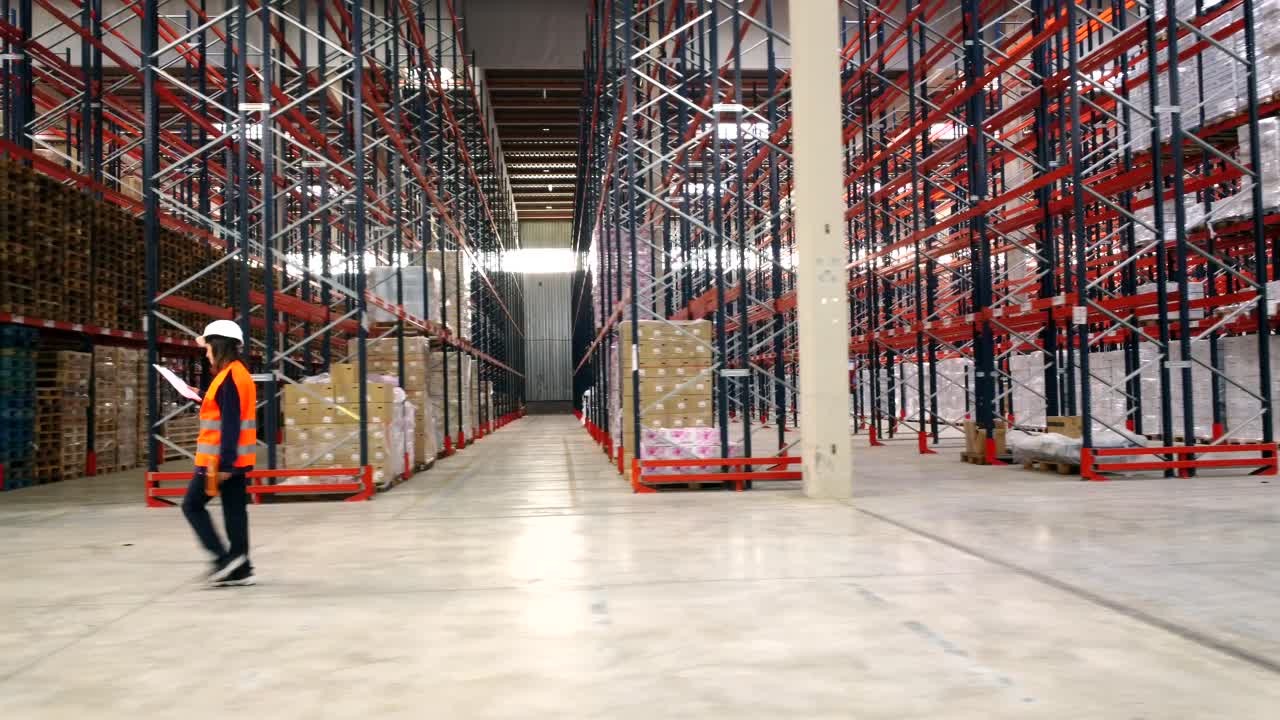 A worker in a warehouse surrounded by shelves and boxes