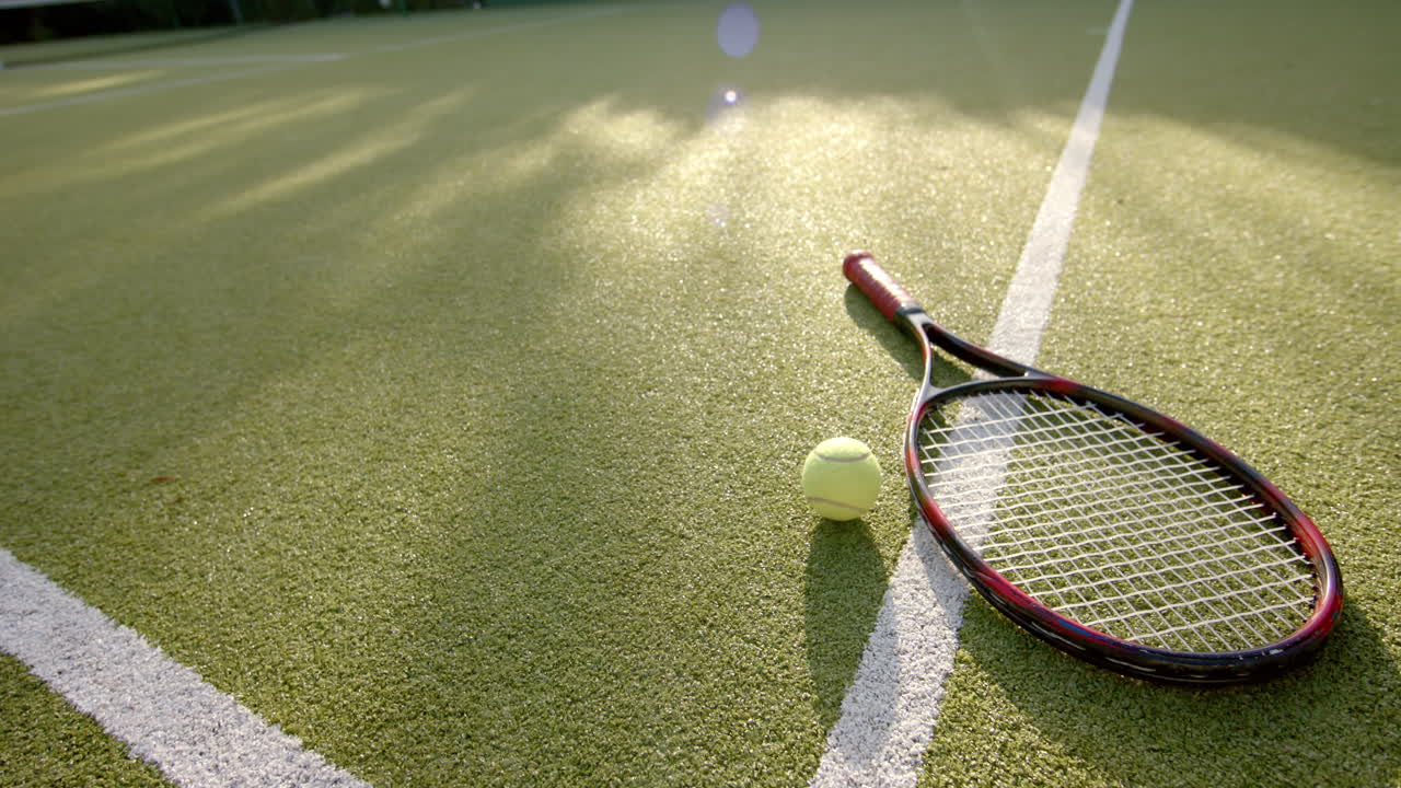 Tennis racket and ball lying on court, ready for game, copy space