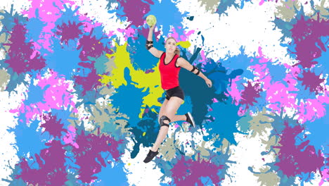 animation of caucasian female handball player holding ball over colorful stains