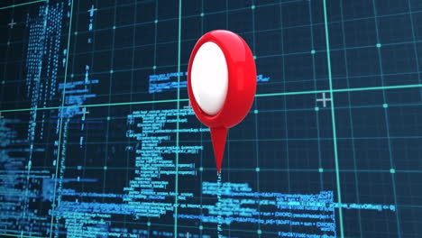 animation of red location pin hovering over digital grid with blue coding data