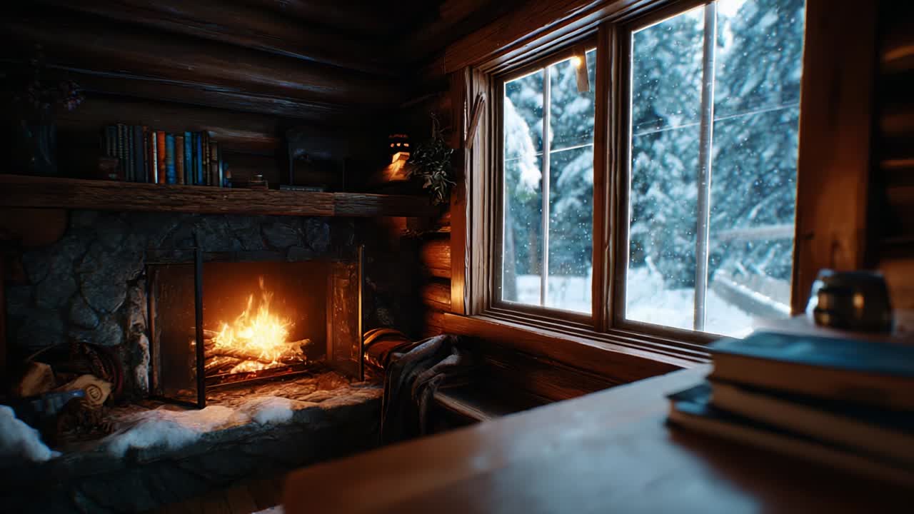 Cozy Winter Cabin Interior Featuring a Warm Fireplace and Snowy Landscape Outside, Inviting Atmosphere for Relaxation and Enjoying the Beauty of Nature in a Secluded Retreat