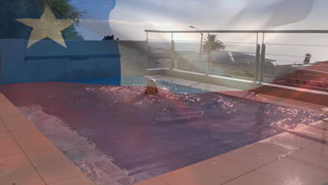 swimming in rooftop pool, person with flag animation overlay in background
