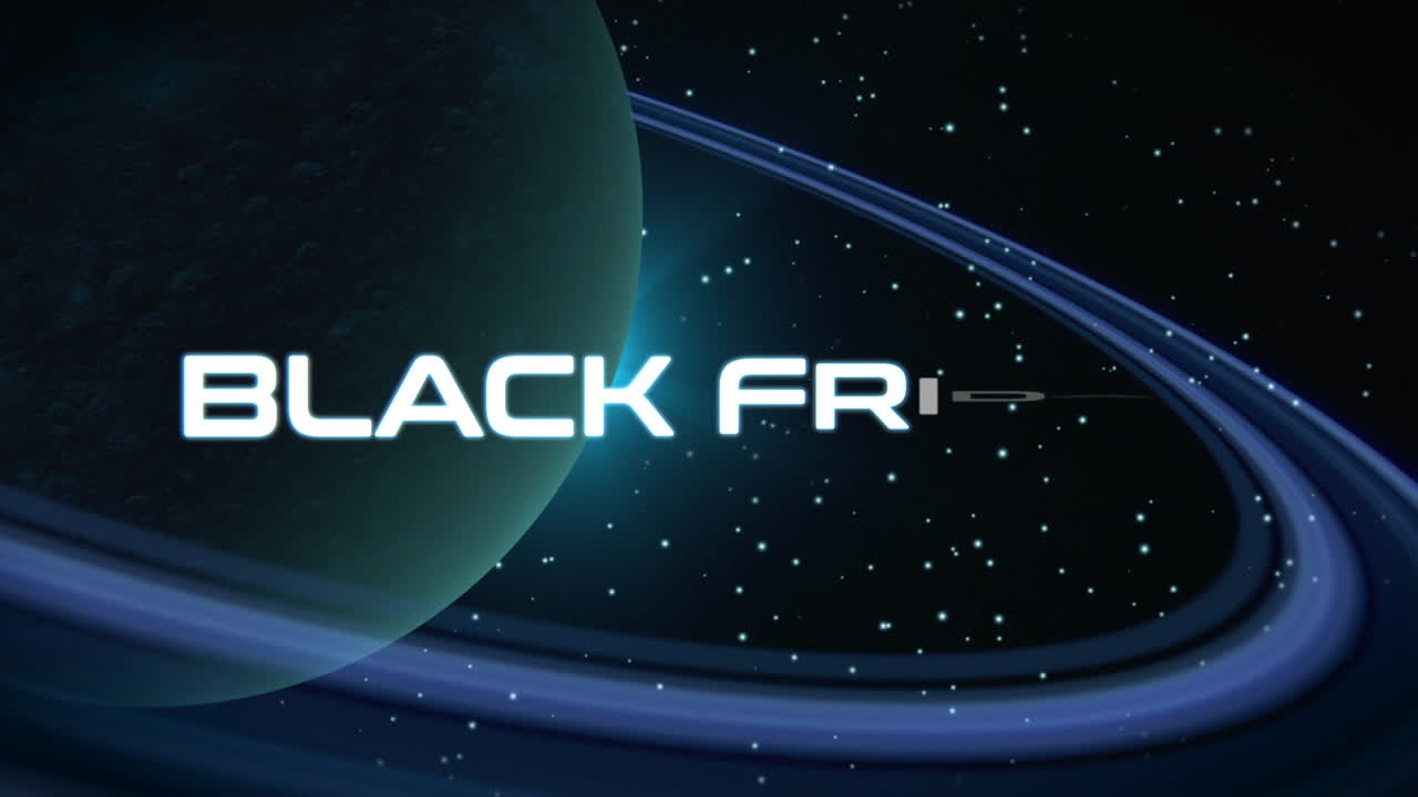 큰 행성과 은하계의 별이 있는 검은 금요일