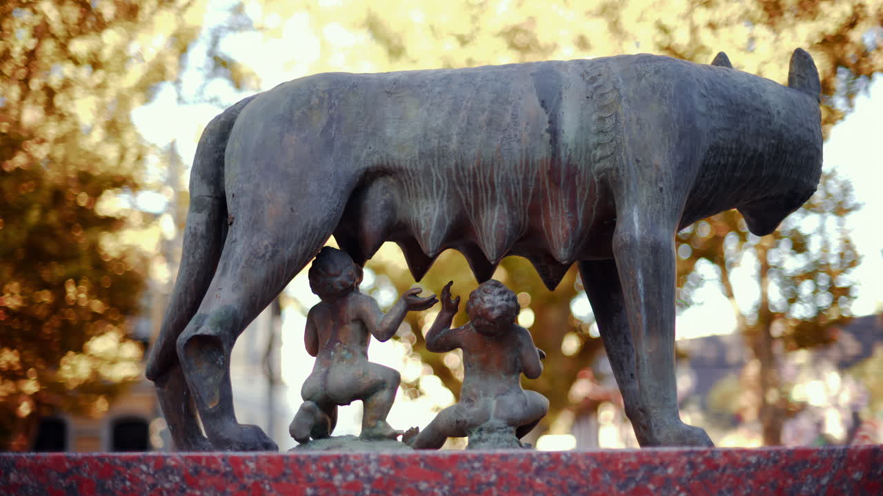 Chisinau, Moldova - September 25, 2025: Historic bronze statue of the Capitoline Wolf with Romulus and Remus on a red marble pedestal in front of the National History Museum of Moldova