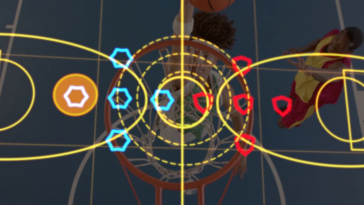 Basketball player driving right, elevating to score while analytics overlays mapping around hoop