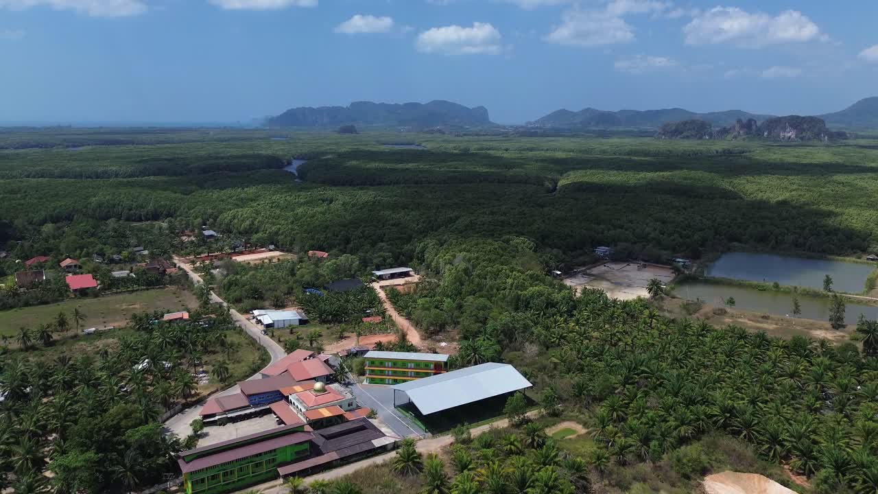 Luftfoto af Krabi By omgivet af tæt mangroveskov med floder og dramatiske kalkstens-karstklipper, der skaber et unikt tropisk bylandskab i det sydlige Thailand – en rejsedestination