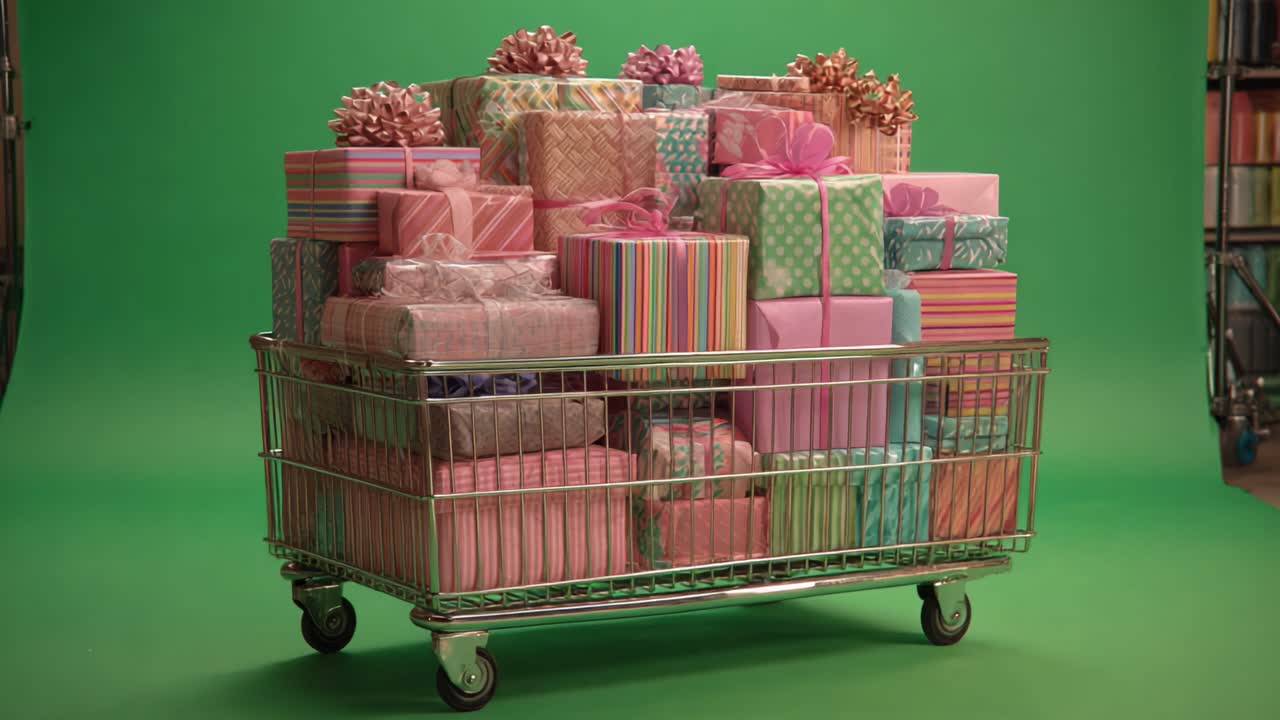 Um carrinho festivo cheio de presentes coloridos embrulhados em um plano de fundo verde brilhante, perfeito para celebrações e ocasiões especiais