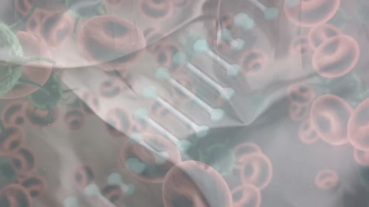 베이지색 배경에 있는 dna 위의 바이러스 세포와 혈액 세포의 애니메이션