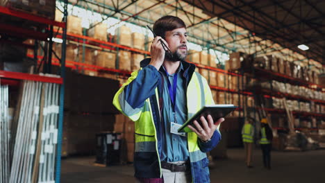warehouse worker with tablet and walkie-talkie