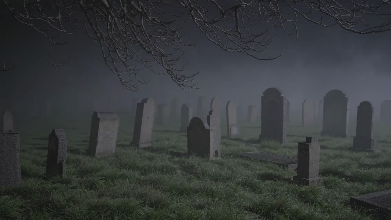 Eerie graveyard scene with fog and bare branches, captured at a low angle