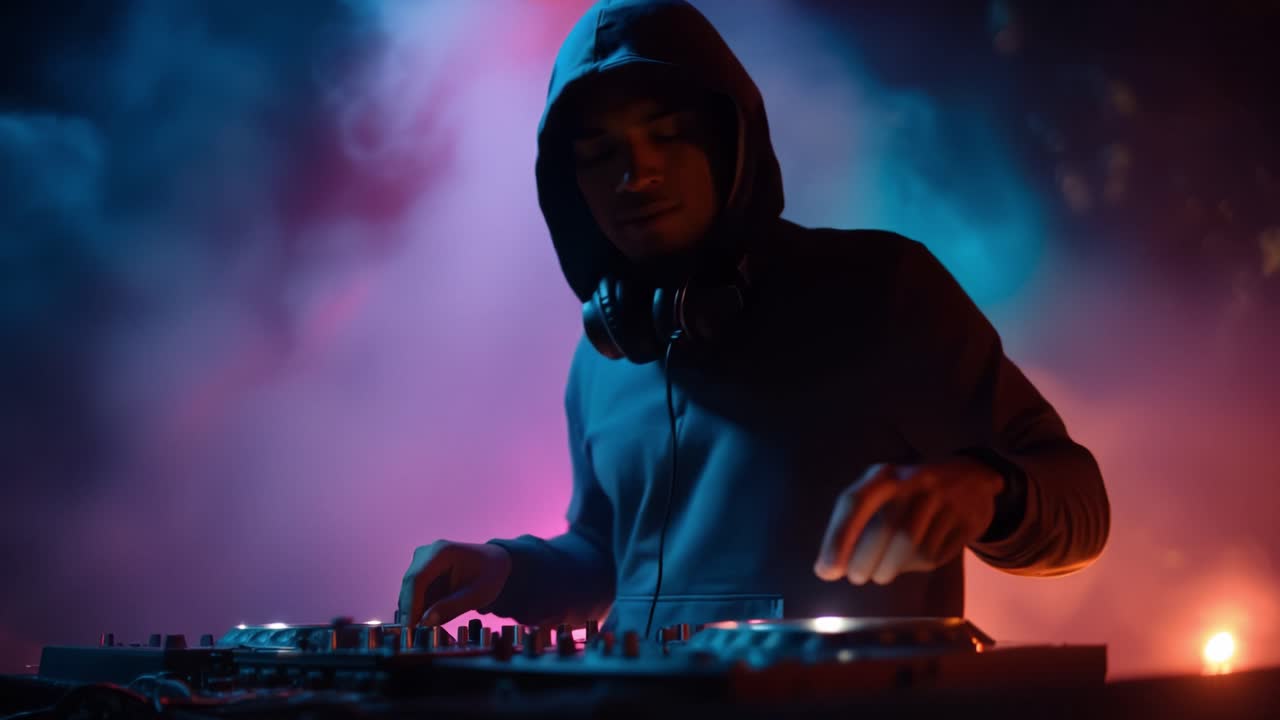 Un DJ misterioso si esibisce sotto fumo colorato e vorticoso. Le dita si muovono ritmicamente sui giradischi luminosi. Occhi concentrati, intensa attenzione sul mixaggio dei brani