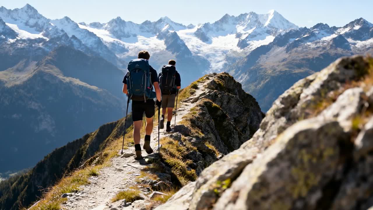 Due escursionisti che percorrono un crinale con la telecamera che li segue, percorso animato che traccia il sentiero verso le cime per il viaggio.
