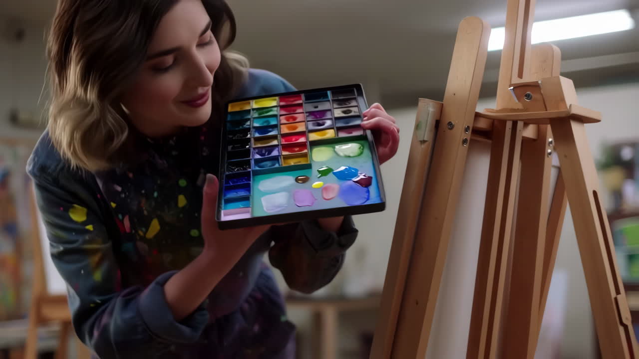 A woman painting with a colorful watercolor palette