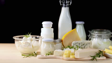 assorted dairy items arranged on a table