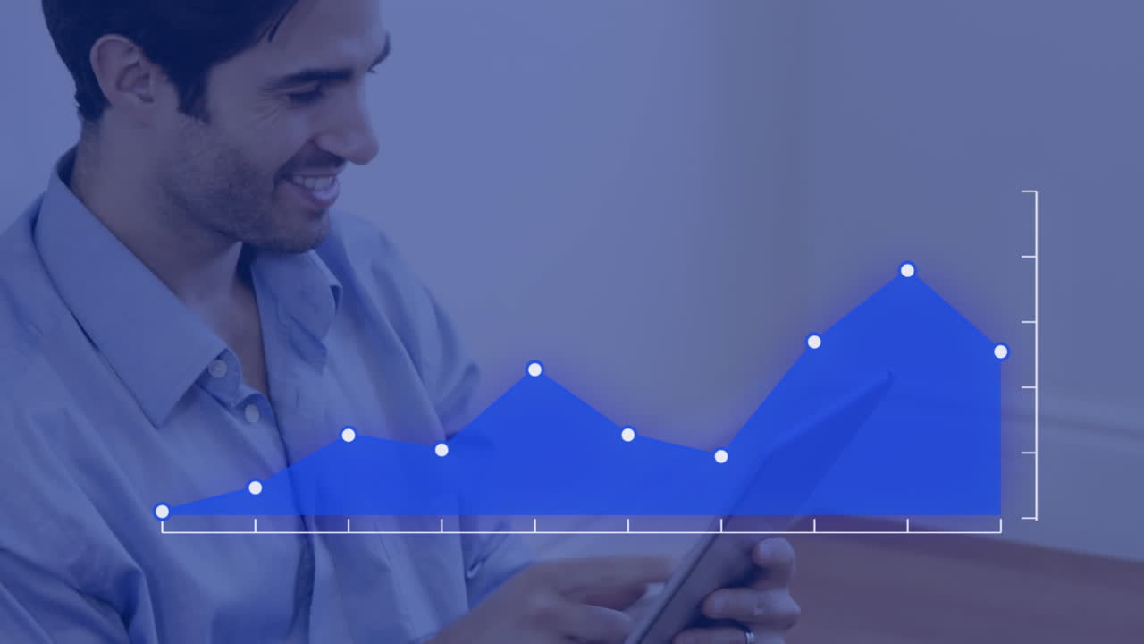 animación de puntos en el gráfico sobre el hombre caucásico sentado en una silla y usando una tableta digital