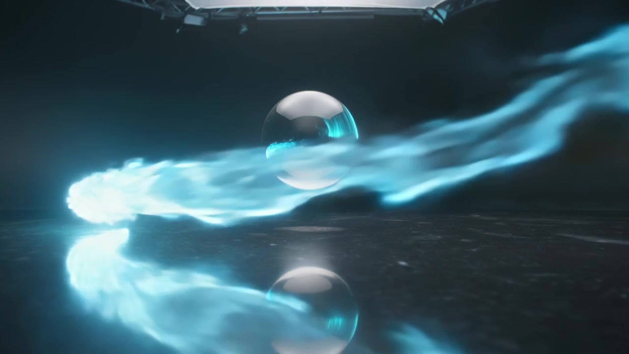 Hovering chrome orb reflecting cyan energy ribbon appearing at right in dark studio demo
