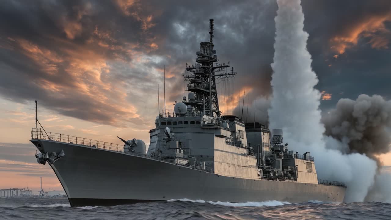 Un buque de guerra lanza un misil contra un telón de fondo de una espectacular puesta de sol, mostrando el poder de la tecnología militar moderna y el poder de fuego naval en el mar.