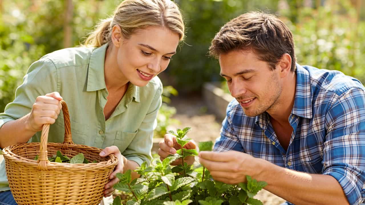 Paar entdeckt reife Kräuterblätter, erntet im Gartenbeet, um geflochtenen Korb zu füllen, trägt Hemden.
