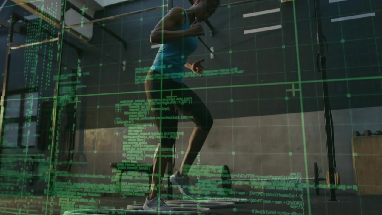 Woman stepping on platform in gym, camera framing feet initiating green HUD tracking