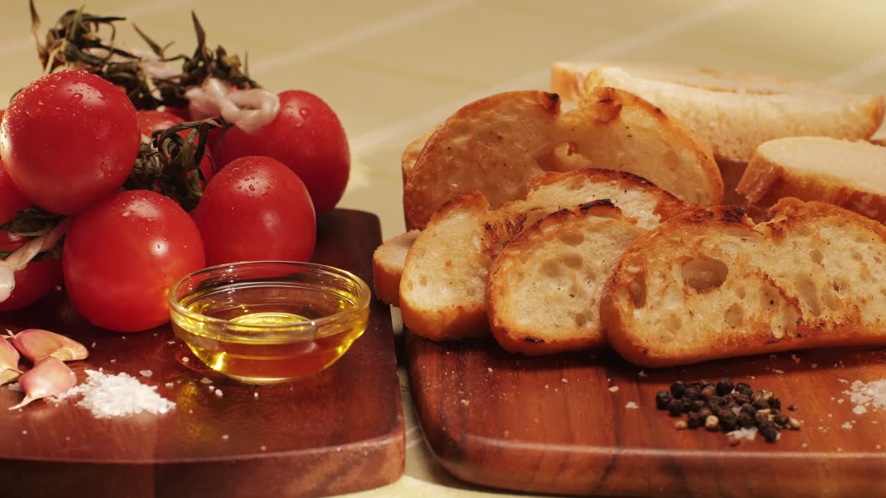 Delicious tapas bread with tomatoes pasta with olive oil close-up, bruschetta with red sauce ketchup, olives dry tomatoes and tasty sandwich bar appetizer, buffet