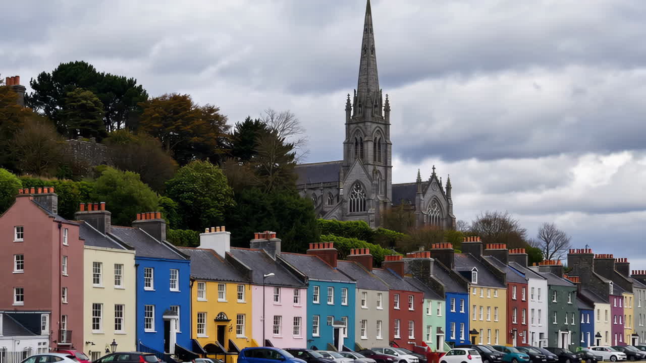 Vibrant Row Houses and Cathedral in Cobh, Ireland