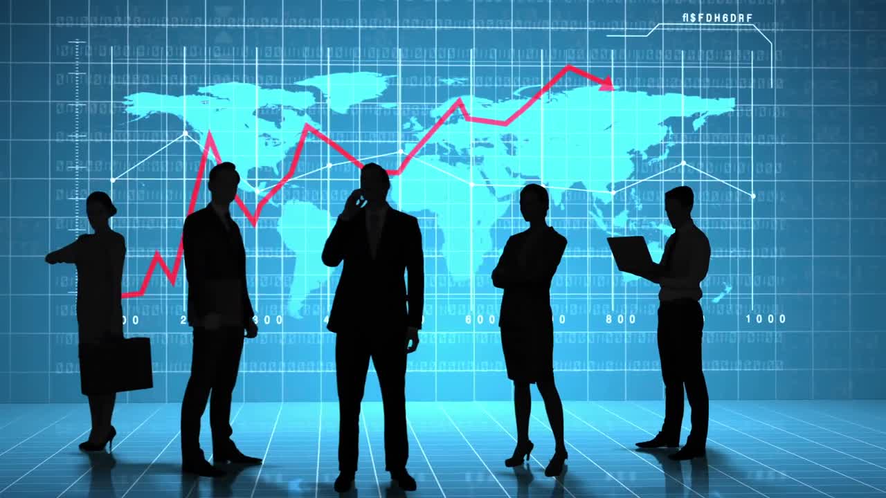 Business people in front of global business interface