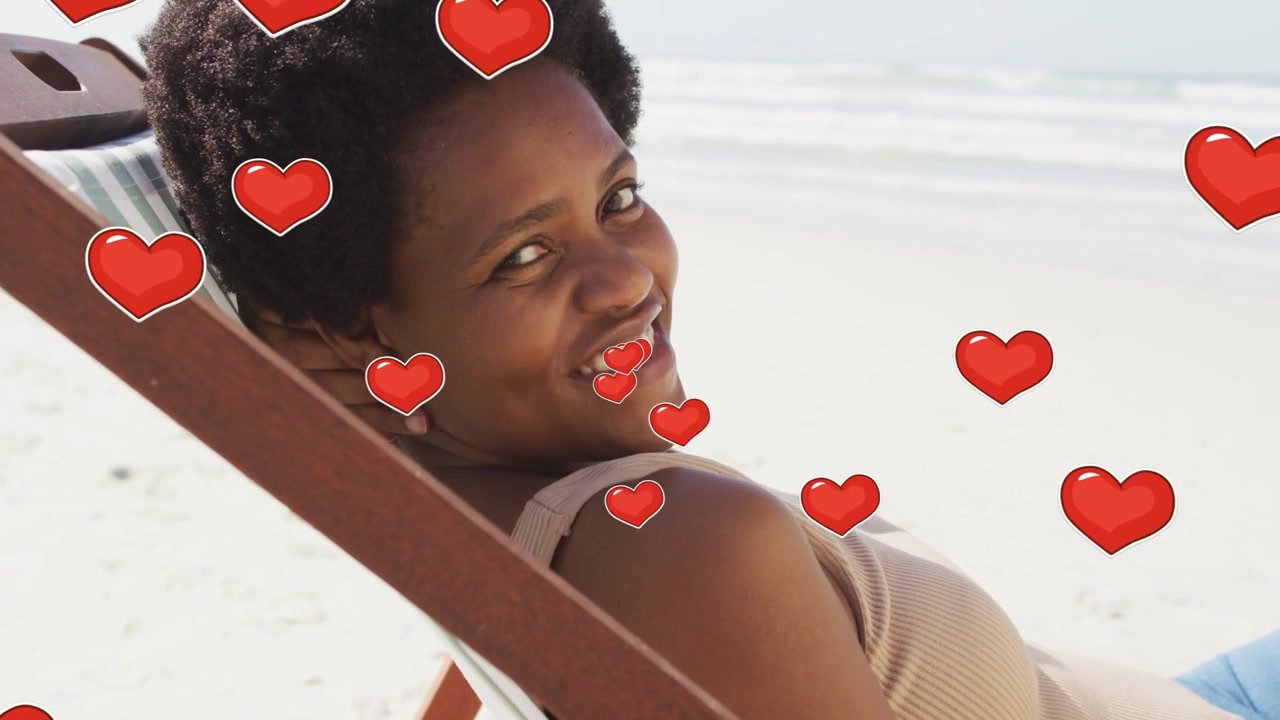 Woman lying on chair at shore, hearts rising over face causing eyes opening, turning, smiling, ads