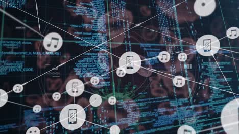 Network-of-digital-icons-and-data-processing-against-covid-19-cell-spinning-on-black-background