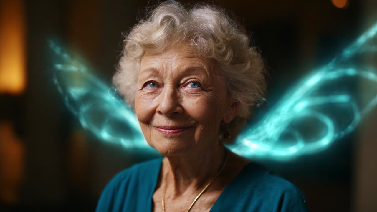 A Captivating Portrait of an Elegantly Aged Woman Adorned with Ethereal Wings, Radiating Joy and Wisdom in a Softly Lit Environment, Showcasing the Beauty of a Timeless Spirit and Enchanting Essence