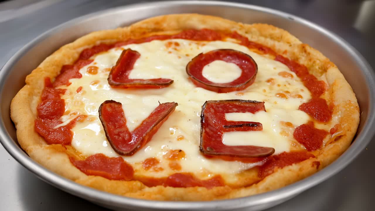 Allungandosi, rimuovendo a mani nude le lettere LOVE e posizionando fette rotonde sulla teglia per pizza al bancone d'acciaio