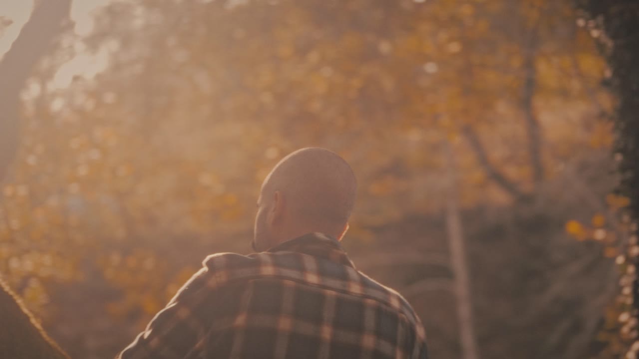 Close-up of young hipster touching mossy tree in forest, looking around with hope and wonder. Golden light creates warm mood. Relaxing footage