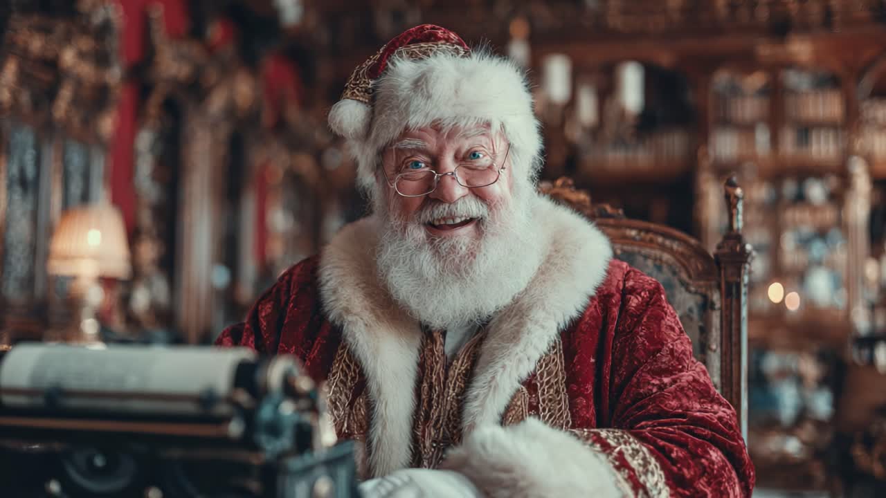 Un allegro Babbo Natale seduto a una scrivania vintage, che irradia calore e allegria in una stanza decorata a festa con il fascino classico delle feste