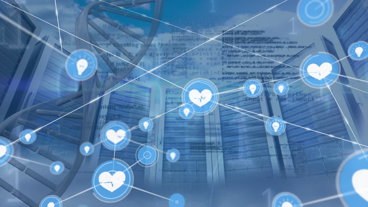 dna 스트랜드와 컴퓨터 서버를 통해 심장 및 전구 아이콘 네트워크의 애니메이션