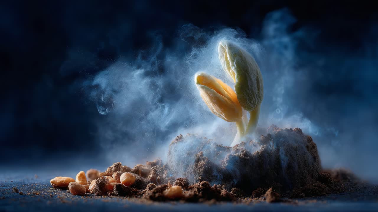 A Remarkable Journey of Growth: A Seed Sprouting from Rich Soil Surrounded by Mist, Symbolizing New Life and Nature's Incredible Resilience