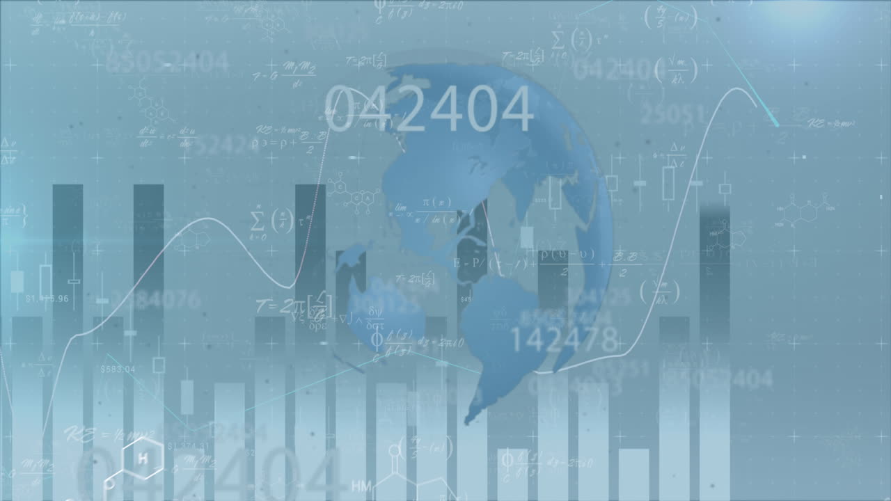 Animation of statistics and financial data processing over globe and blue background