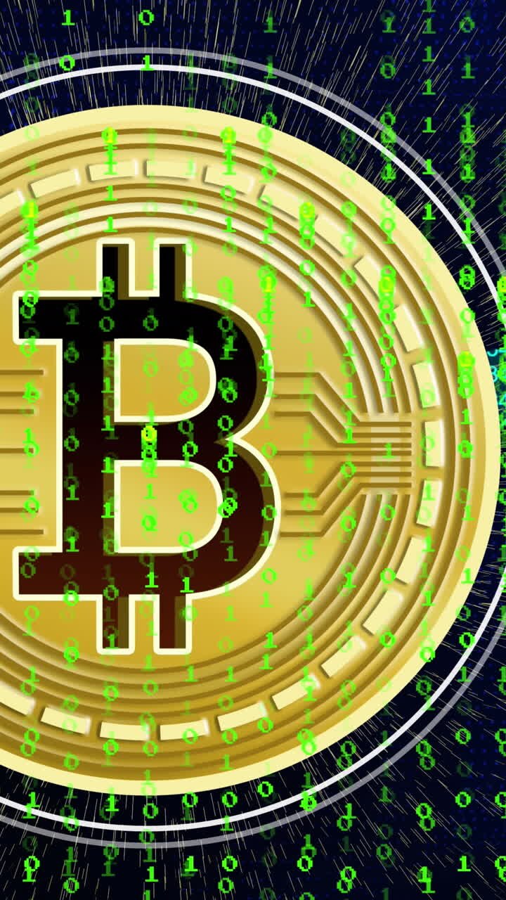 Animazione del simbolo Bitcoin e della blockchain su sfondo nero con lettere verdi