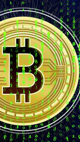 animación del símbolo de bitcoin y la cadena de bloques sobre un fondo negro con letras verdes