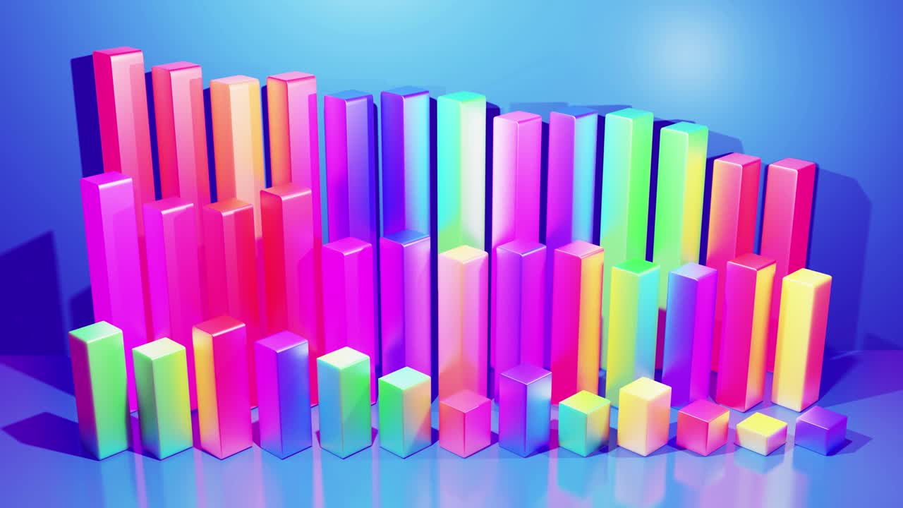 infografías abstractas de columnas multicolores en filas, hermoso fondo para transmisión analítica. fondo de bucle brillante con animación suave. matriz de barras adecuadas para temas financieros