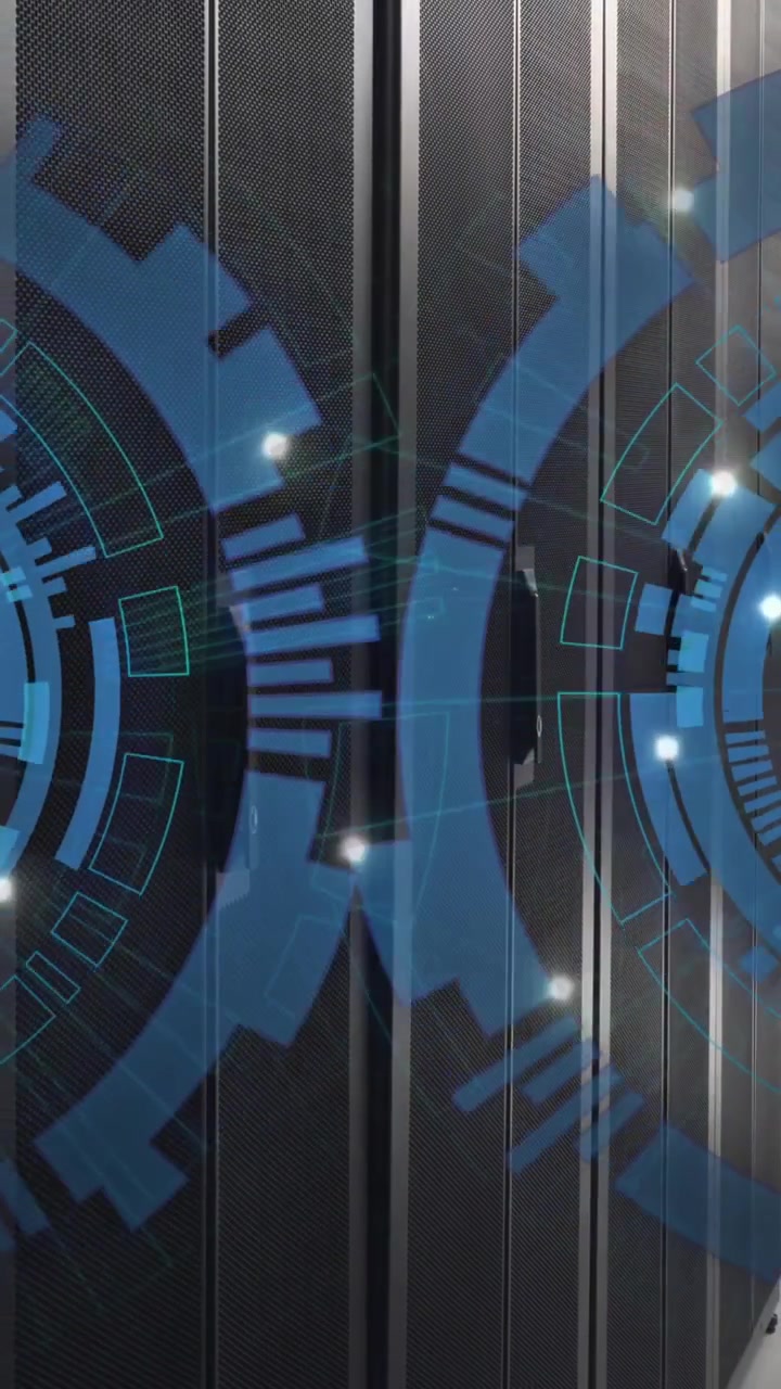 Animation of two round scanners spinning against computer server room